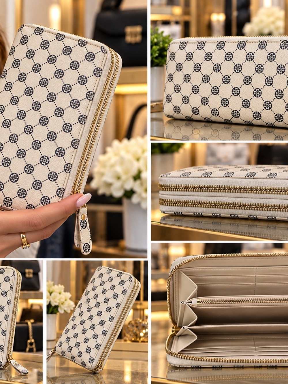 Cream Printed Zip-Around Wallet with Gold Hardware